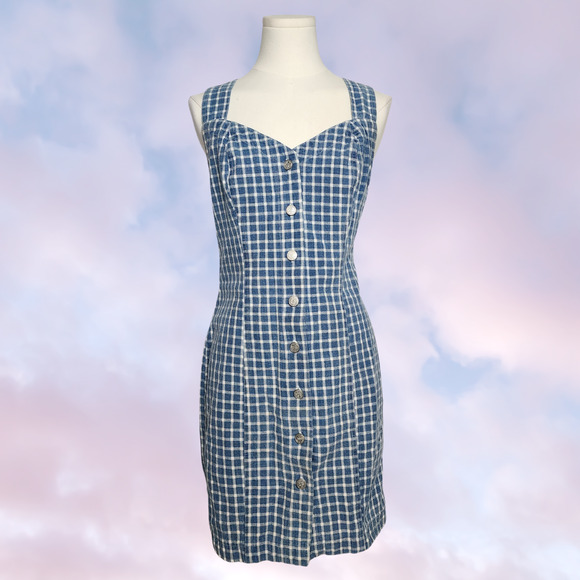 Vintage Dresses & Skirts - Vtg 90 Y2k Blue White Plaid Gingham Midi Tank Button Up Cotton Summer Dress Sz 9